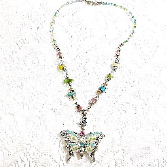 Butterfly Pendant Necklace Multicolor Enamel Rhinestone - Picture 2 of 16